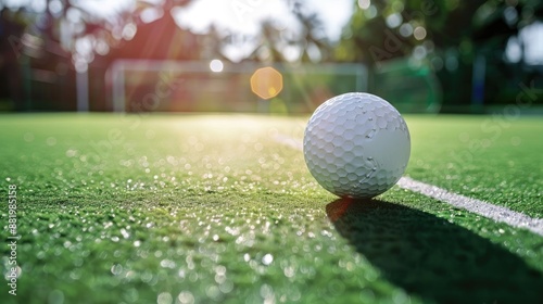 White ball on artificial grass hockey field photo