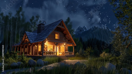 A cozy log cabin glows in the darkness of the night, its rustic exterior inviting warmth and comfort.