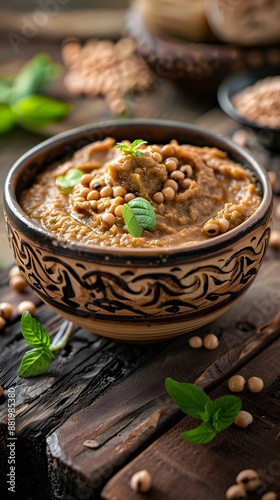 A bowl of creamy hummus with chickpeas and fresh herbs, served on a rustic wooden table.