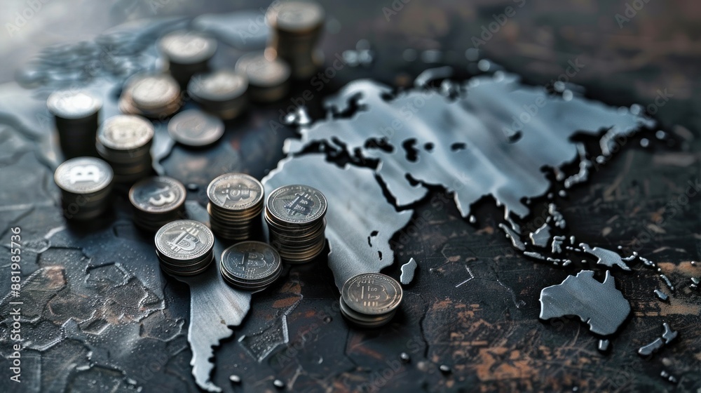 Bitcoin Stacks on World Map: Global Cryptocurrency Bitcoin Stacks on World Map: Global Cryptocurrency