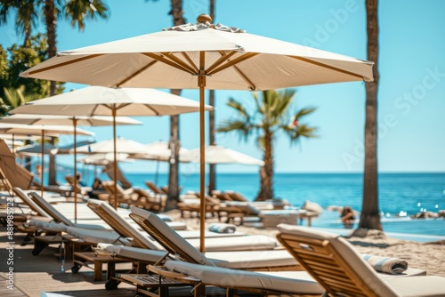 This image features a beautiful beachfront setup with multiple wooden sun loungers and large white umbrellas providing shade, surrounded by tall palm trees and crystal-clear waters.