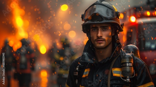 A close-up portrait of a firefighter wearing protective helmet and suit against a fiery background © asayenka
