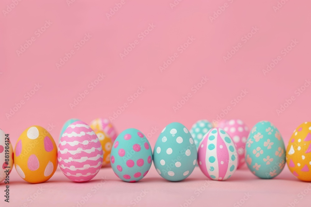 Row of pastel-colored Easter eggs with various patterns, arranged against a pink background. Row of pastel-colored Easter eggs with various patterns, arranged against a pink background.