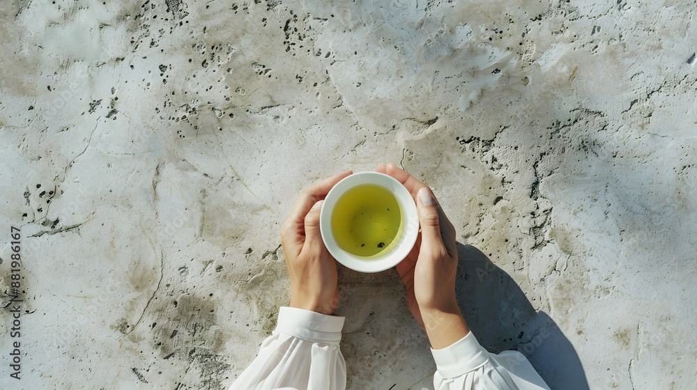 From above anonymous female holding white cup of hot aromatic green tea with tag placed on with on concrete table. From above anonymous female holding white cup of hot aromatic green tea with tag placed on with on concrete table.