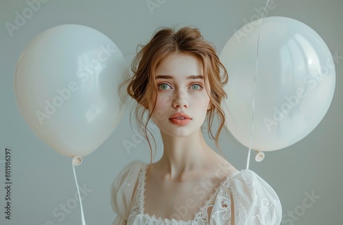 Young Woman Holding Pink and Blue Balloons in Front of a Light Blue Wall