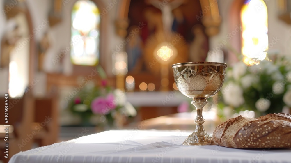 Obraz premium Golden cup Sacred Chalice with bread on table : Symbol of Holy Communion