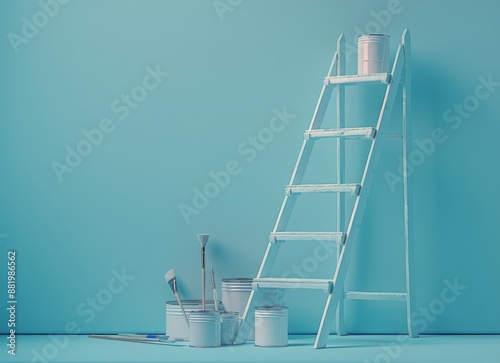 White Ladder and Paint Cans Against a Light Blue Wall