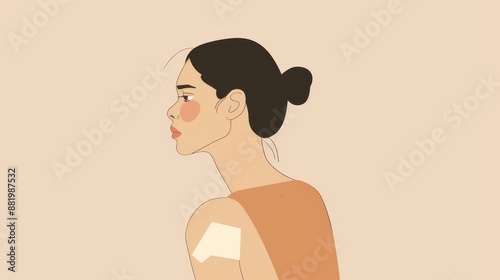 This minimalist illustration features a young woman in profile with a bandage on her arm, rendered in muted colors for a subtle and contemplative mood.