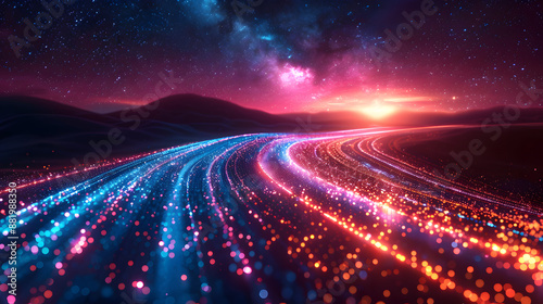 Vibrant digital abstract landscape with golden and blue light trails against a starry night sky with a glowing sunset in the background.