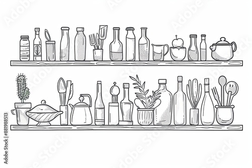 A hand-drawn illustration depicting a kitchen shelf with a variety of everyday objects, including bottles, plants, and utensils. Generative AI