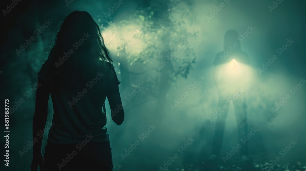 Woman shines a flashlight on a mysterious figure, creating suspense and intrigue.
