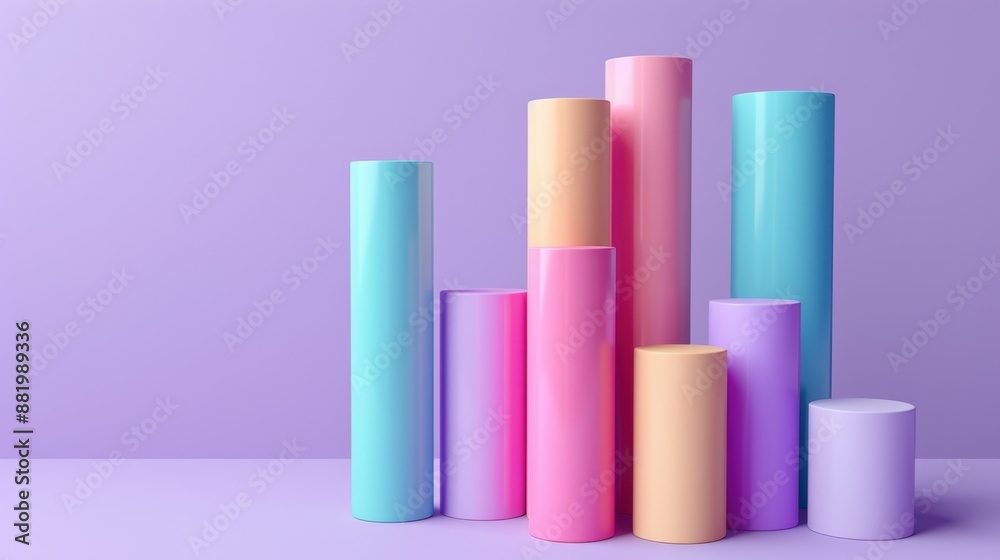 Clean 3D render of pastel-colored bar graphs standing tall against a soothing purple backdrop, ideal for data visualization or business presentations