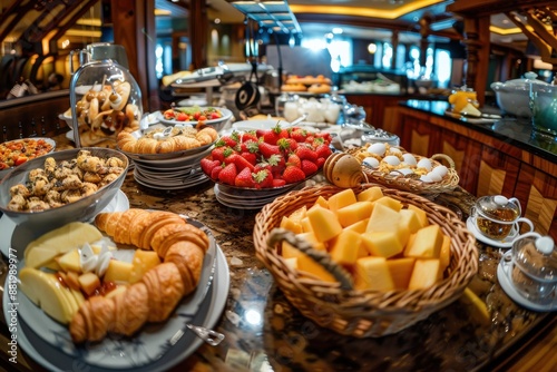 An opulent breakfast layout including cheeses, fruits, croissants, and other items, artfully arranged on a table in a sophisticated and elegant setting.