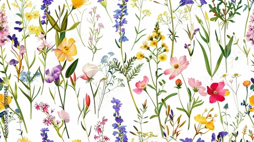 Colorful Wildflower Seamless Pattern on White Background © Nazia