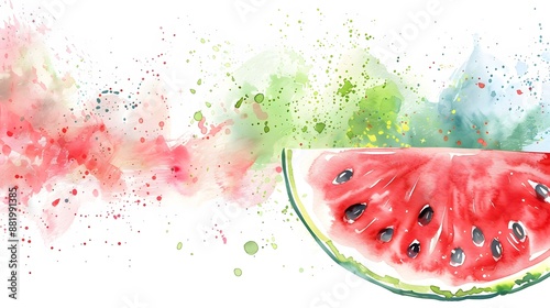 Wallpaper Mural Colorful watercolor illustration of a watermelon slice with vibrant splashes of red and green on a white background. Torontodigital.ca