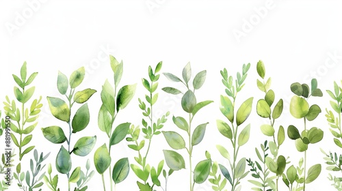 Watercolor Arrangements with Garden Herbs and Botanical Illustrations, Seamless Border of Leaves and Branches on White Background