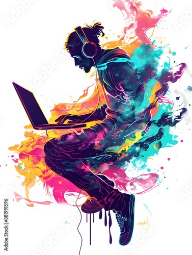 Wallpaper Mural Vibrant digital illustration of a young person with headphones, laptop, and colorful splashes, symbolizing creativity and technology. Torontodigital.ca
