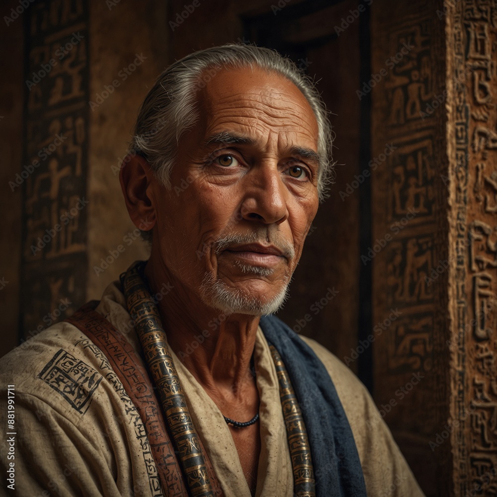Naklejka premium A gracefully aging Temple Priest in Ancient Egypt, every aspect exudes wisdom amid time's passage: weathered yet wise features, adorned with intricate hieroglyphic tattoos and a serene expression