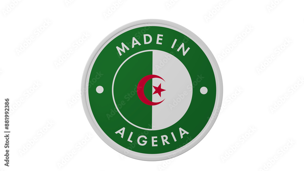 Made in Algeria. Circle country flag product label round pinback button banner simple. Transparent backgound. 3d rendered with alpha channel. Round shape. Made in Algeria. Circle country flag product label round pinback button banner simple. Transparent backgound. 3d rendered with alpha channel. Round shape.