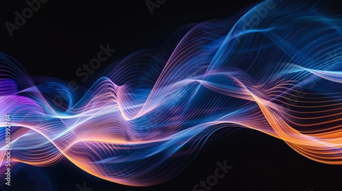 Vector illustration of abstract light lines as dynamic flowing waves in blue, orange, purple colors, isolated on black background for the concept of energy, electricity.