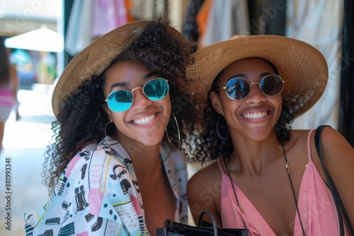 Two stylish women in summer hats and casual outfits are smiling and having a great time shopping outdoors, dressed for a sunny day and holding shopping bags. photo