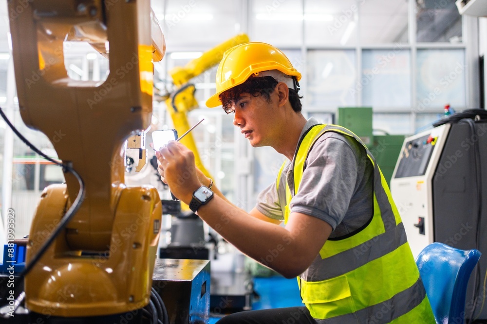 Professional and smart engineer is using his technical hard skill to fix, repair or maintenance machine robotic arm in factory or industrial, employee examining or welding automobile machine workshop Professional and smart engineer is using his technical hard skill to fix, repair or maintenance machine robotic arm in factory or industrial, employee examining or welding automobile machine workshop