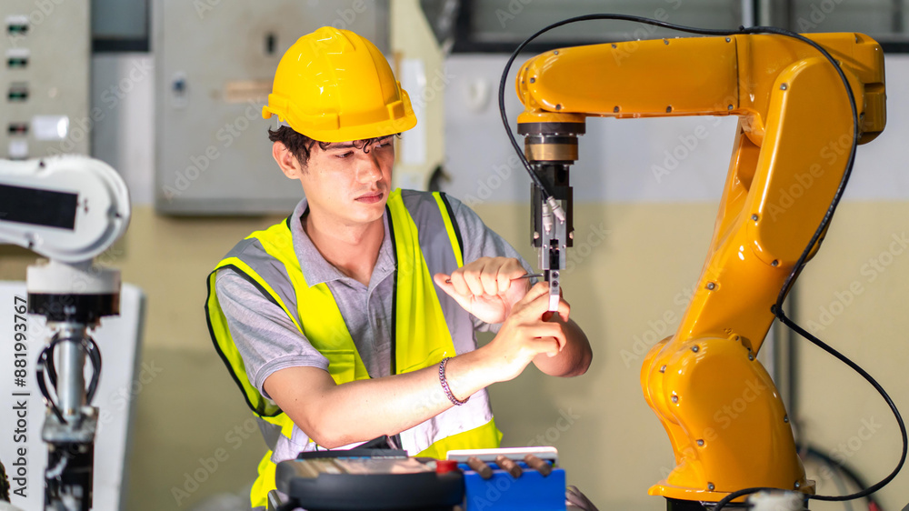 Professional and smart engineer is using his technical hard skill to fix, repair or maintenance machine robotic arm in factory or industrial, employee examining or welding automobile machine workshop Professional and smart engineer is using his technical hard skill to fix, repair or maintenance machine robotic arm in factory or industrial, employee examining or welding automobile machine workshop