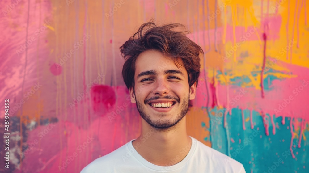 Fototapeta premium Young man smiling with vibrant graffiti wall background