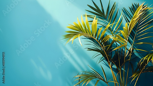 Tropical palm leaves against a bright blue background, perfect for summer or nature themes with ample copy space.