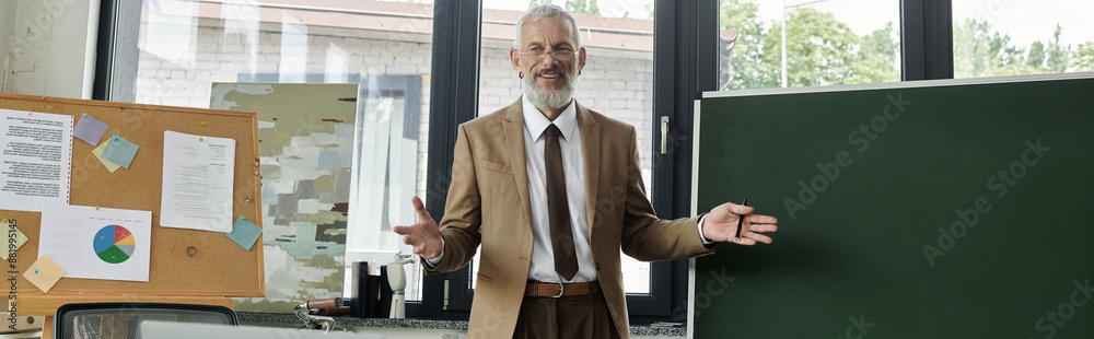 A middle-aged, bearded man in a suit smiles as he teaches online in front of a blackboard, lgbtq teacher