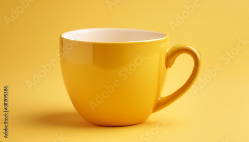 Bright yellow ceramic cup against yellow backdrop. Drink ware. Mug for hot beverage. Mock-up.