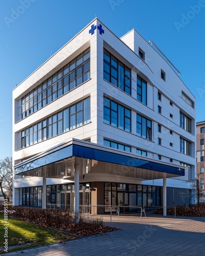 modern hospital style building with blue cross