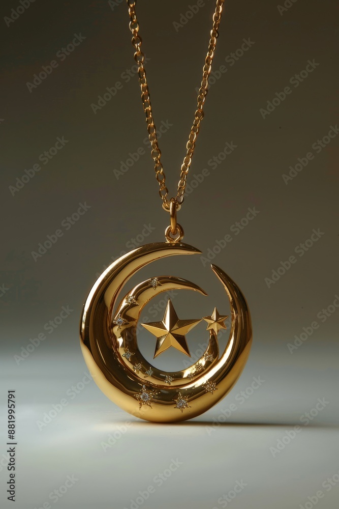 Golden moon and star shaped necklace isolated on a white background.