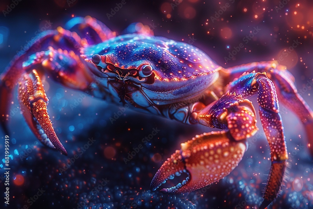 Astrological representation of Cancer with a crab adorned in interstellar patterns and stars