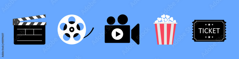 Cinema icon set isolated. Popcorn box, open clapper board, ticket admit one and video camera logo icon. Film making icon. Flat design. Vector illustration. Cinema icon set isolated. Popcorn box, open clapper board, ticket admit one and video camera logo icon. Film making icon. Flat design. Vector illustration.
