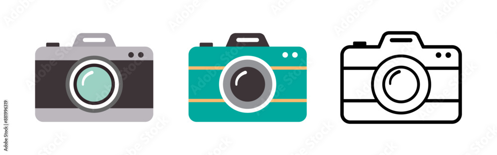Set of camera icon. Photo camera in flat style. Vector illustration. Photo camera of rounded square shape icon in different style. Set of camera icon. Photo camera in flat style. Vector illustration. Photo camera of rounded square shape icon in different style.
