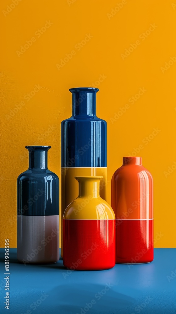 A row of colorful vases are displayed on a blue background A row of colorful vases are displayed on a blue background