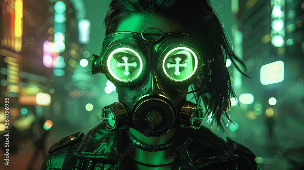 A leather-clad cyberpunk girl with a gas mask and goggles. A 3D skull with a cross over the eyes and green wires glows in the night city. A leather-clad cyberpunk girl with a gas mask and goggles. A 3D skull with a cross over the eyes and green wires glows in the night city.