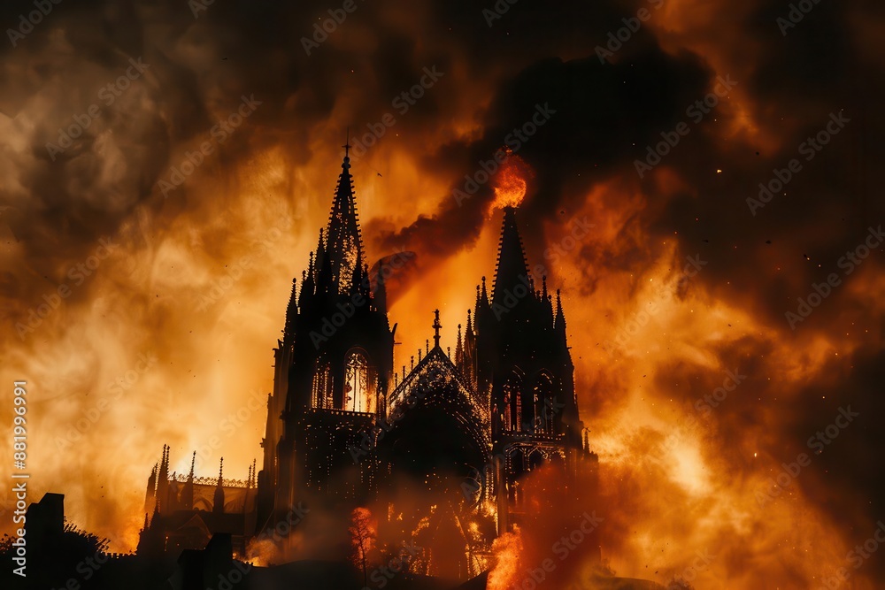 ominous gothic cathedral silhouette against a fiery night sky with billowing smoke and flickering flames for a haunting halloween atmosphere ominous gothic cathedral silhouette against a fiery night sky with billowing smoke and flickering flames for a haunting halloween atmosphere