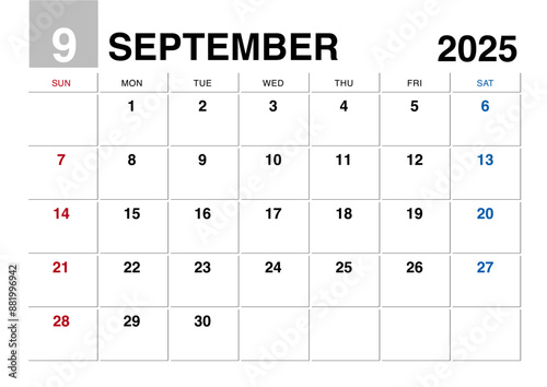 2025年9月のカレンダー日曜始まり日本の祝日表記無し