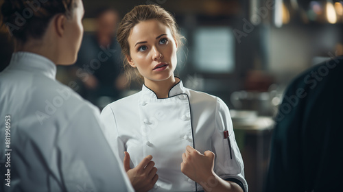 Portrait of a young female chef gesturing and explaining something