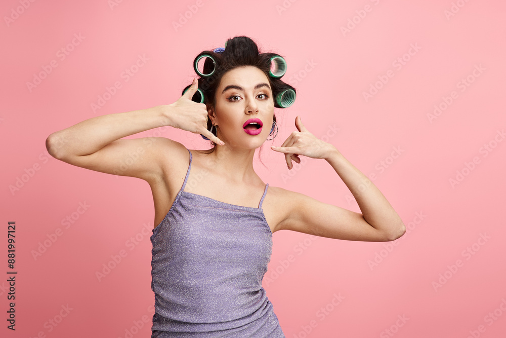 A woman with curlers in her hair, enhancing her natural beauty with makeup. A woman with curlers in her hair, enhancing her natural beauty with makeup.