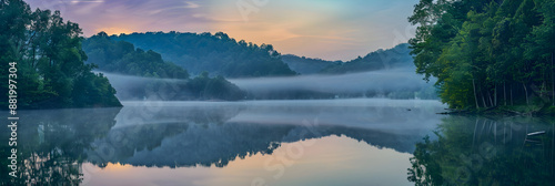 Misty Morning Serenity by the Lake: A Tranquil Landscape Reflecting the Beauty of Dawn