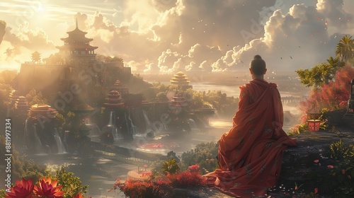 Buddhist monk in meditation at beautiful background.