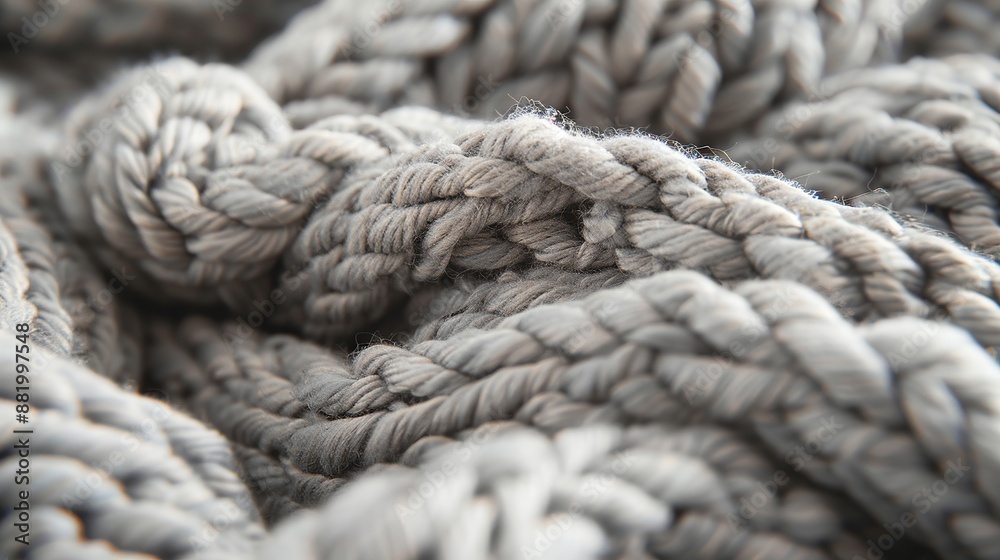 A gray knitted blanket is shown up close. The background is made of merino wool. A gray knitted blanket is shown up close. The background is made of merino wool.