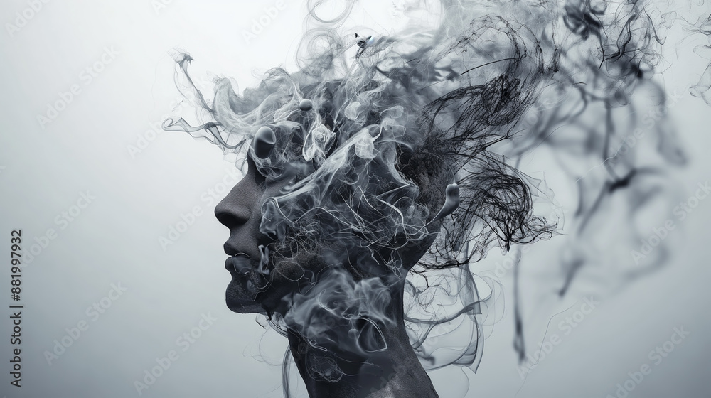 Fototapeta premium A person stands with their head enveloped in a misty cloud. The concept of depression, confusion, contemplation, addiction, loneliness, and metal health. Generative AI.