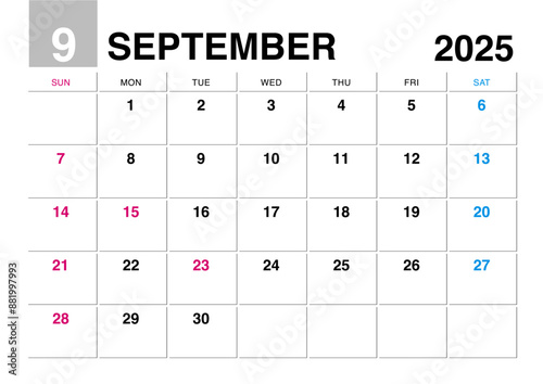 2025年9月のカレンダー日曜始まり