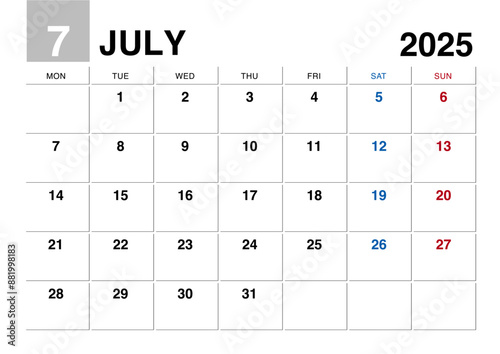 2025年7月のカレンダー月曜始まり日本の祝日表記無し
