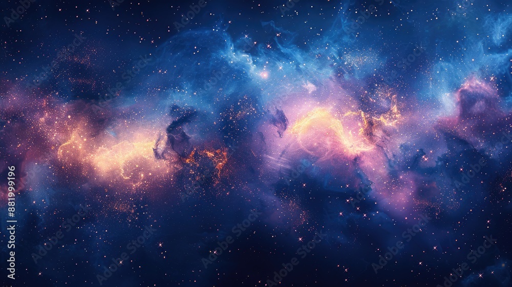 A mesmerizing view of the galaxy featuring a wide expanse filled with stars, golden nebulas and cosmic clouds