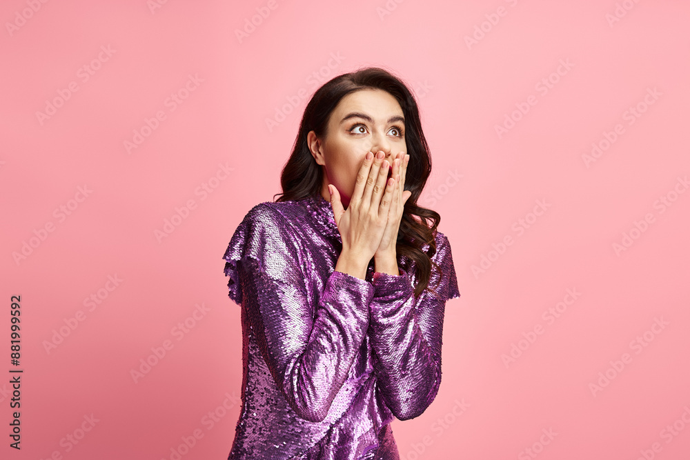 Woman covering mouth with hands, expressing surprise or shock. Woman covering mouth with hands, expressing surprise or shock.